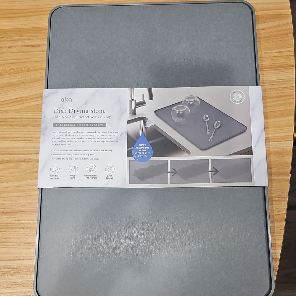 NWT Alta Dish Drying Stone with Non-Slip Protective Base Kitchen Home Natural